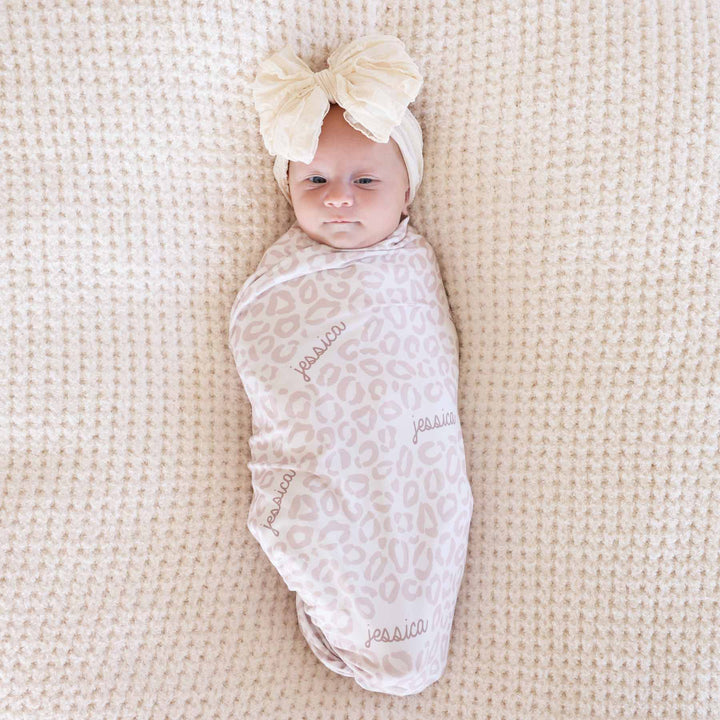 neutral leopard personalized swaddle blanket for girls 