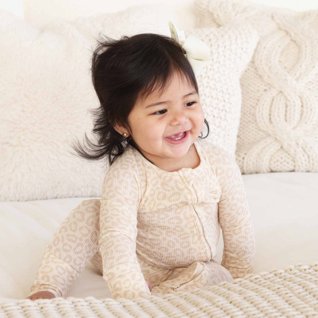 tan leopard bamboo viscose convertible zip romper pajama for babies and toddlers
