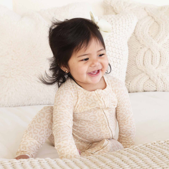 tan leopard bamboo viscose convertible zip romper pajama for babies and toddlers