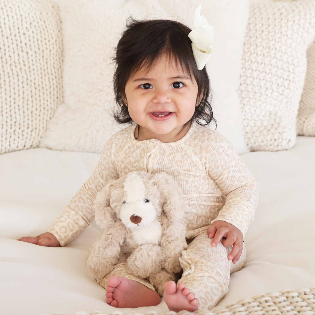 tan leopard bamboo viscose pajama romper with flip mitts and footies 