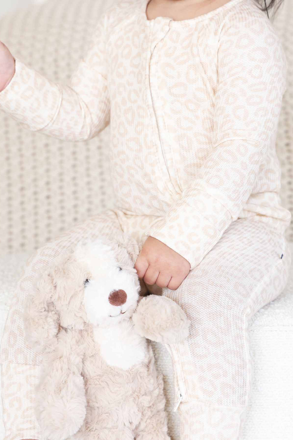 tan leopard neutral pajama romper for babies and toddlers bamboo viscose 