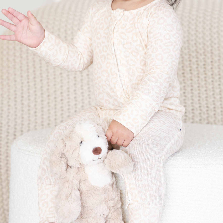 tan leopard neutral pajama romper for babies and toddlers bamboo viscose 