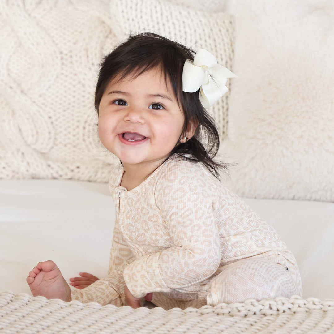 convertible zip romper pajama for baby girls tan leopard