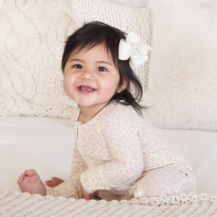 convertible zip romper pajama for baby girls tan leopard