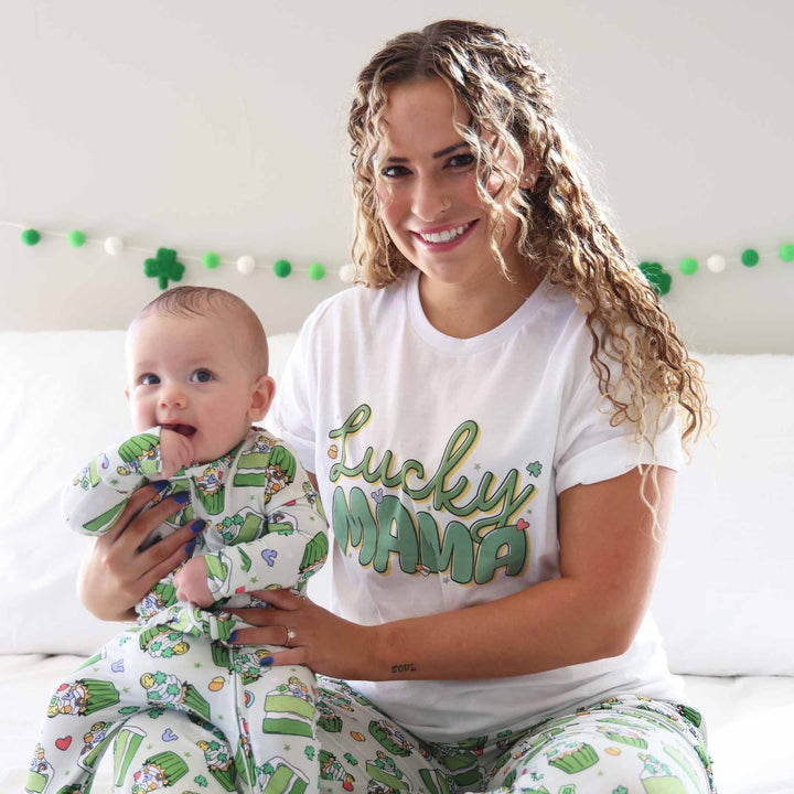 lucky mama st. patrick's day shirt with matching pajama pants and footie 