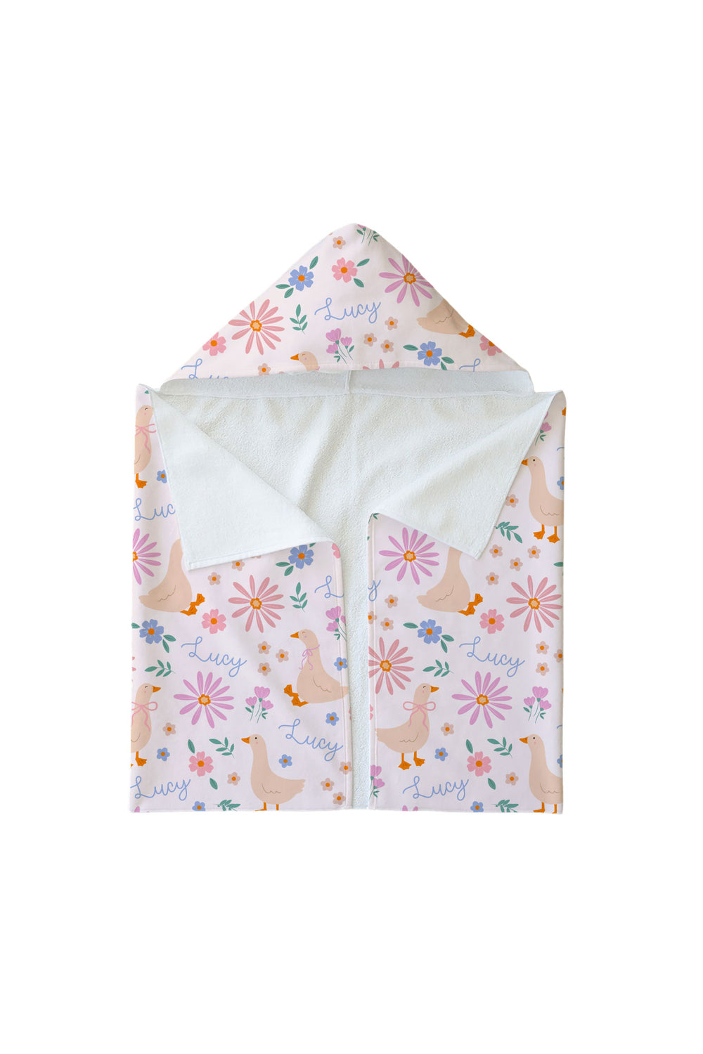Kids size Personalized Hooded Towel in the Lucy Goosy duck and floral print laid flat and open, showing the exterior personalized print with geese and flowers and white terry interior