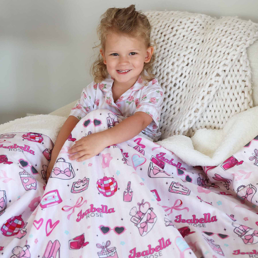 pink girly themed personalized minky blanket for girls with sherpa side 
