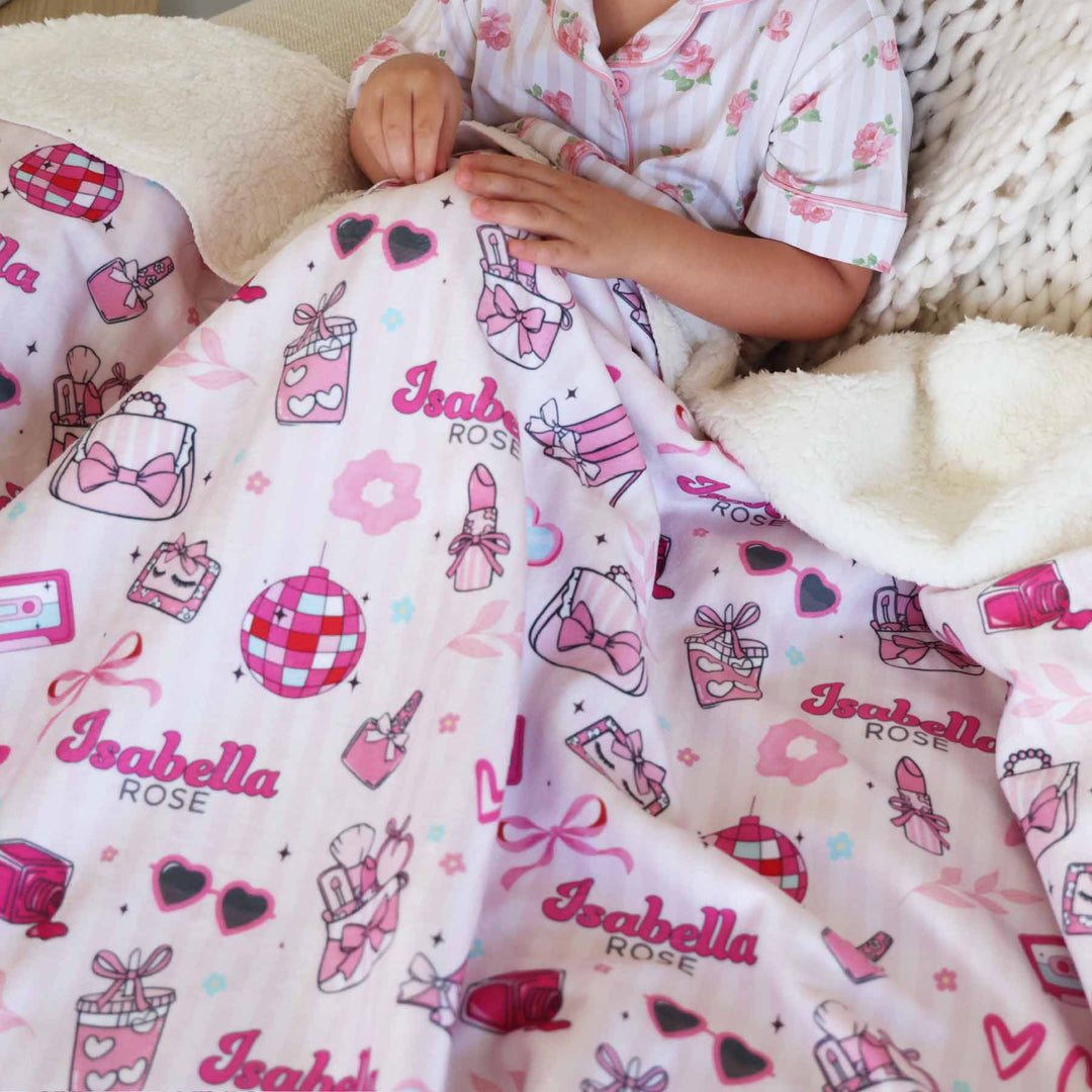makeup, disco balls, shoes and bow personalized minky blanket for girls 
