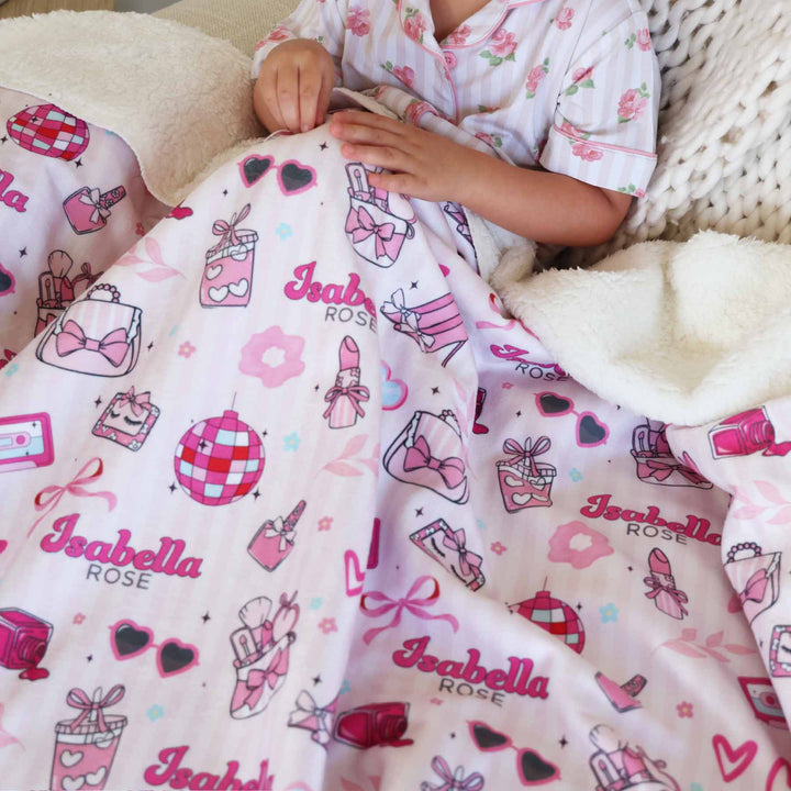 makeup, disco balls, shoes and bow personalized minky blanket for girls 