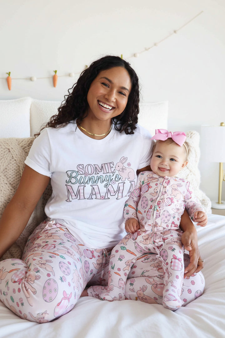 some bunny's mama short sleeve graphic tee for moms with matching pajama pants and easter ruffle footie for baby girls 