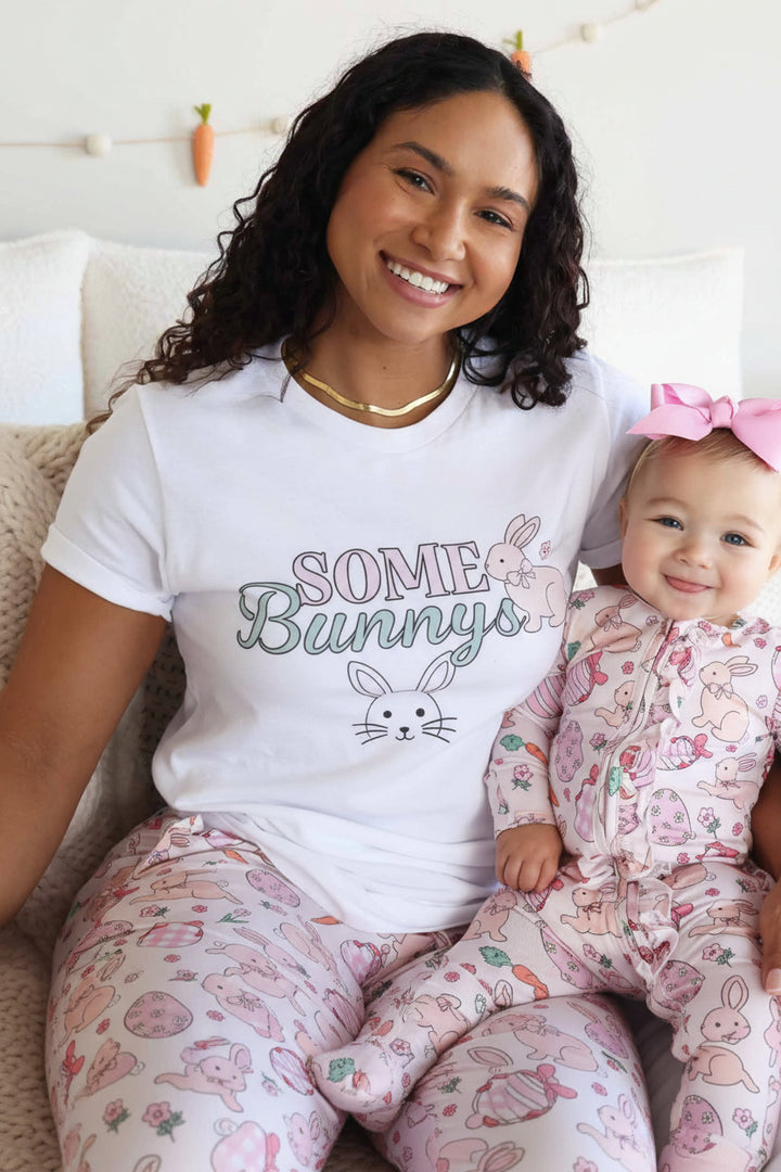mom and daughter easter family matching pajamas pink hoppy spring