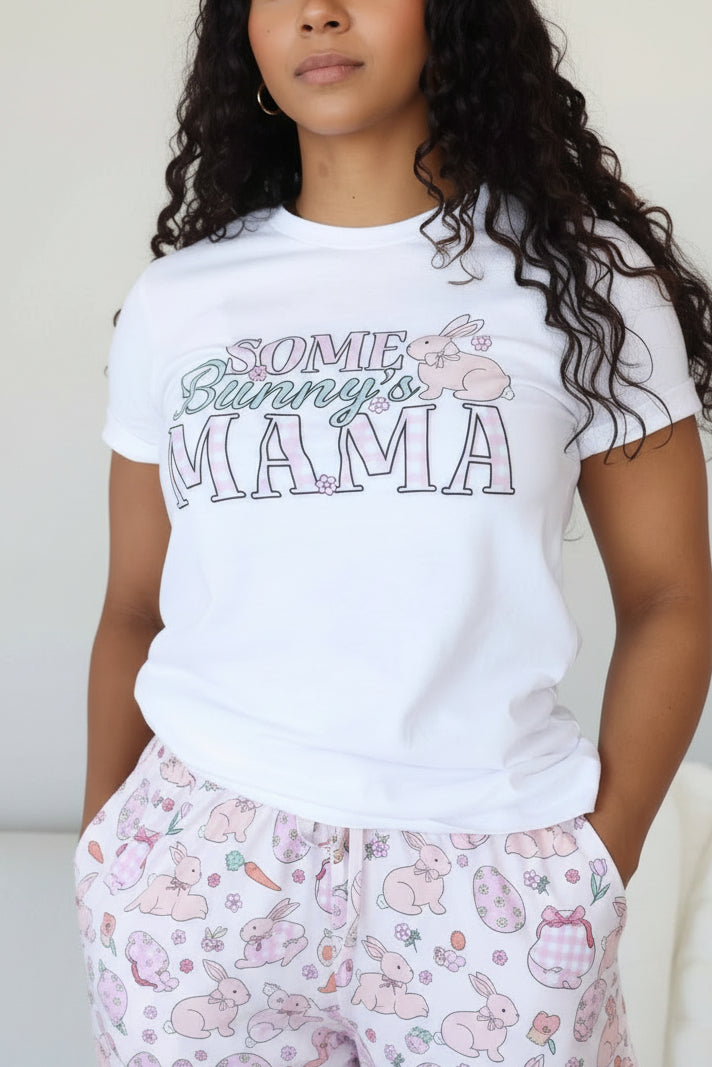 closeup of some bunny's mama short sleeve easter graphic tee for women 