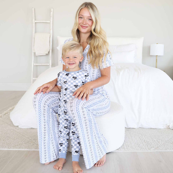 women's two piece lounge set dusty blue and white check with black bows 