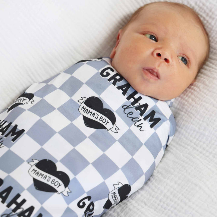 dusty blue and white with black heart personalized mama's boy swaddle blanket 
