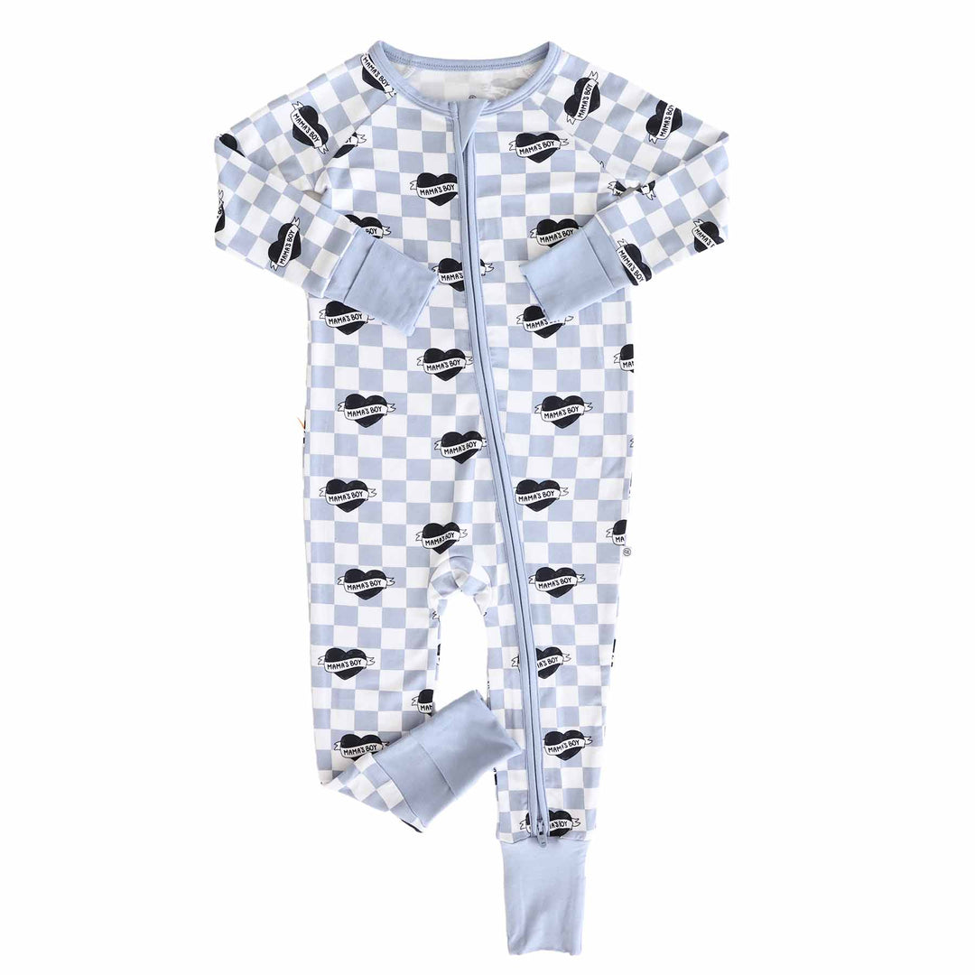 dusty blue and white checkered zip  romper with black hearts and mama's boy script 