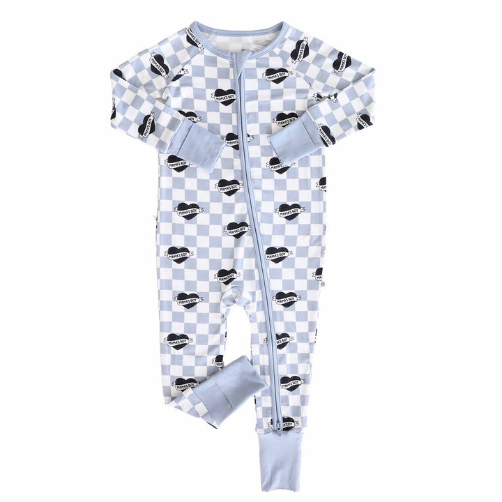 dusty blue and white checkered zip  romper with black hearts and mama's boy script 