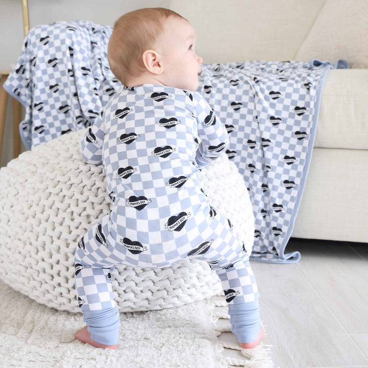 dusty blue and white checkered zip romper for boys with black hearts that say mama's boy