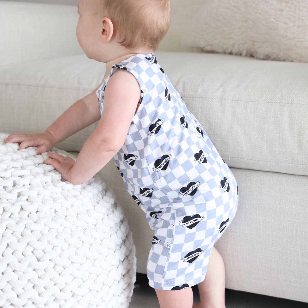 sleeveless short romper for boys dusty blue and white with black hearts mama's boy 