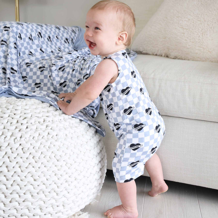 dusty blue and white check with black hearts sleeveless snap romper for baby boys 