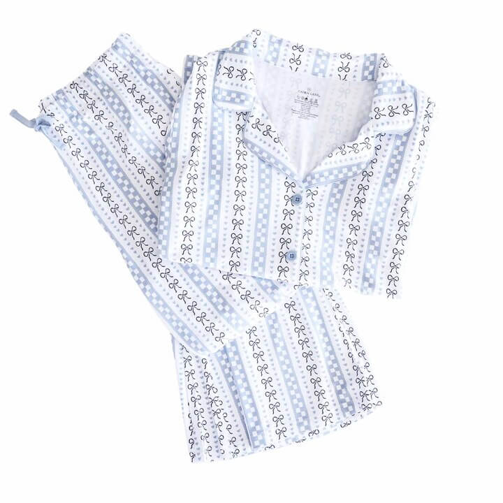 blue, white and black bow and checkered women's lounge set