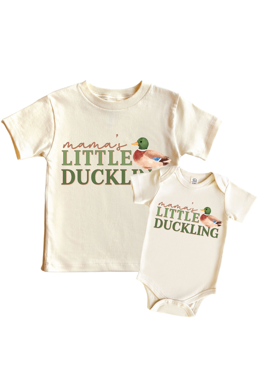 Natural mama's Little Duckling graphic kids tee and baby bodysuit displayed together with mallard duck illustration and text on front