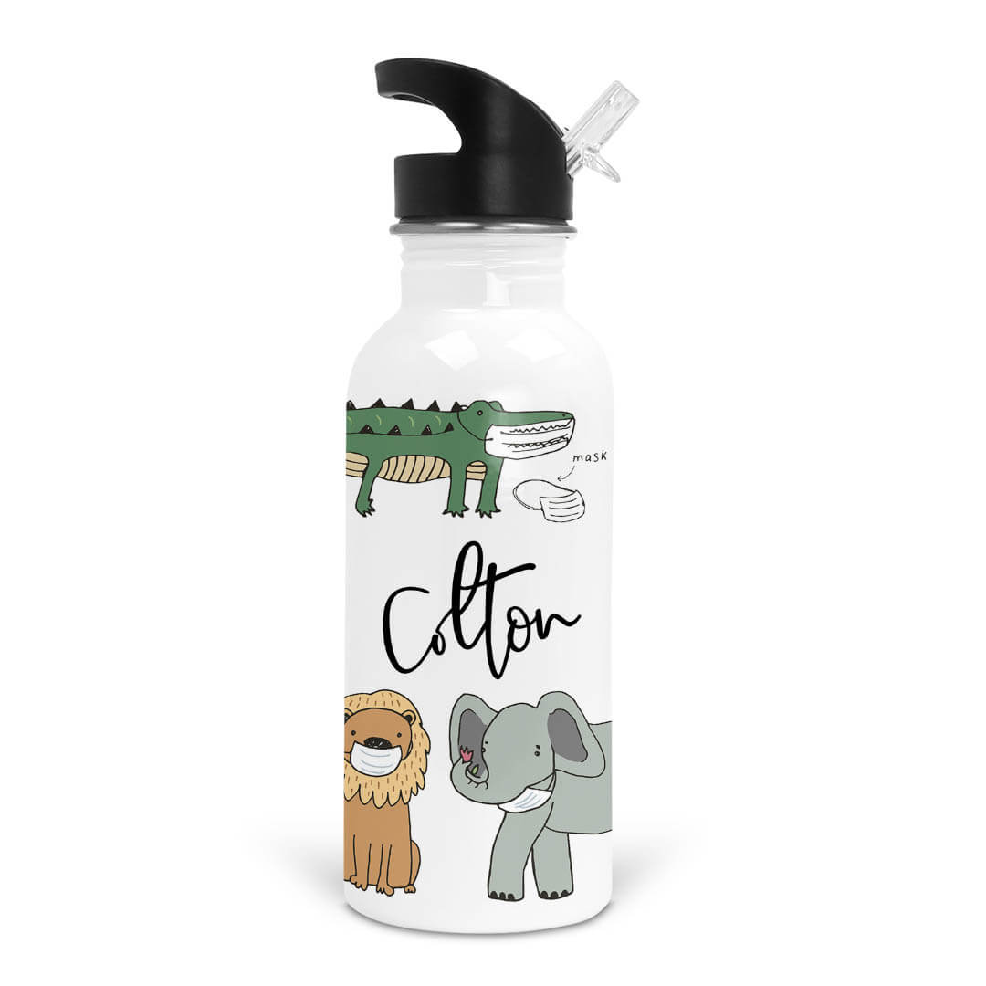 masked animal friends personalized water bottle 