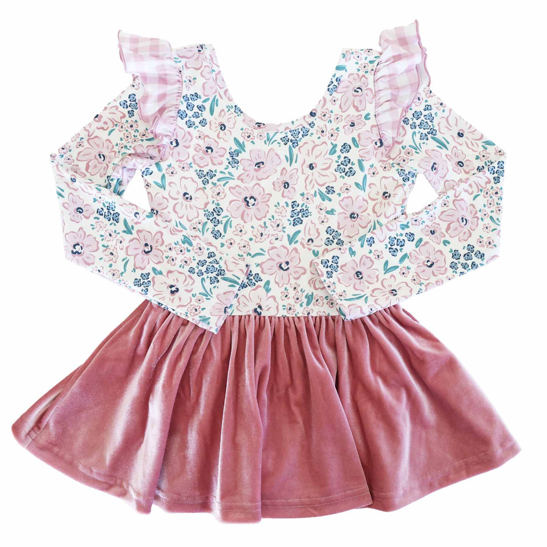 long sleeve floral bodysuit leotard with velvet skirt 