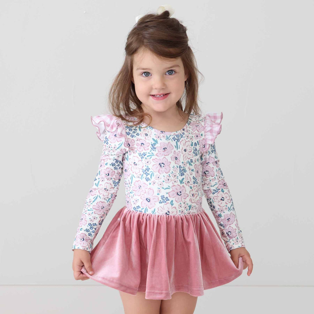 fall floral long sleeve leotard for girls with velvet skirt 
