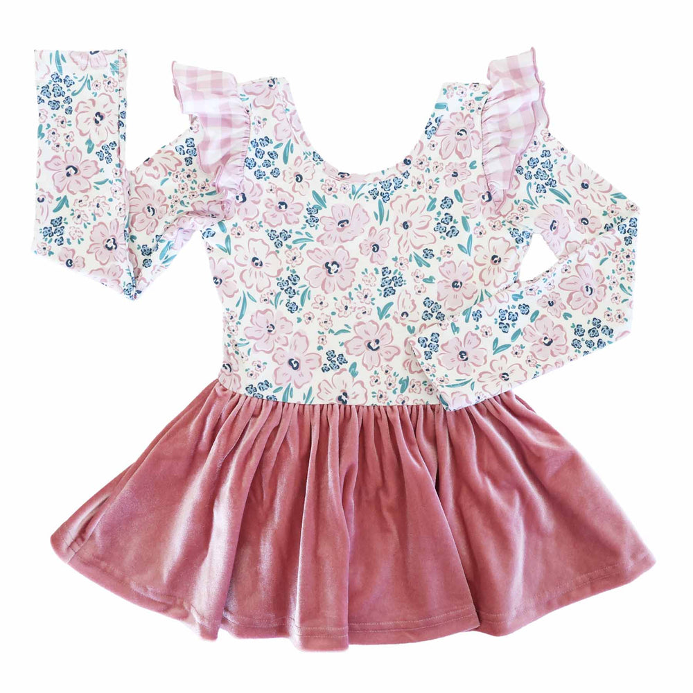 fall floral leotard for girls with long sleeve and velvet skirt 