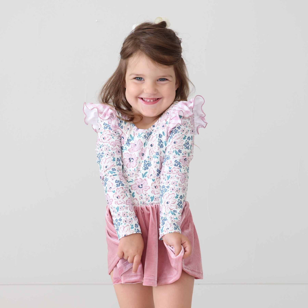 mauve meadow long sleeve velvet skirt leotard for kids and toddlers 