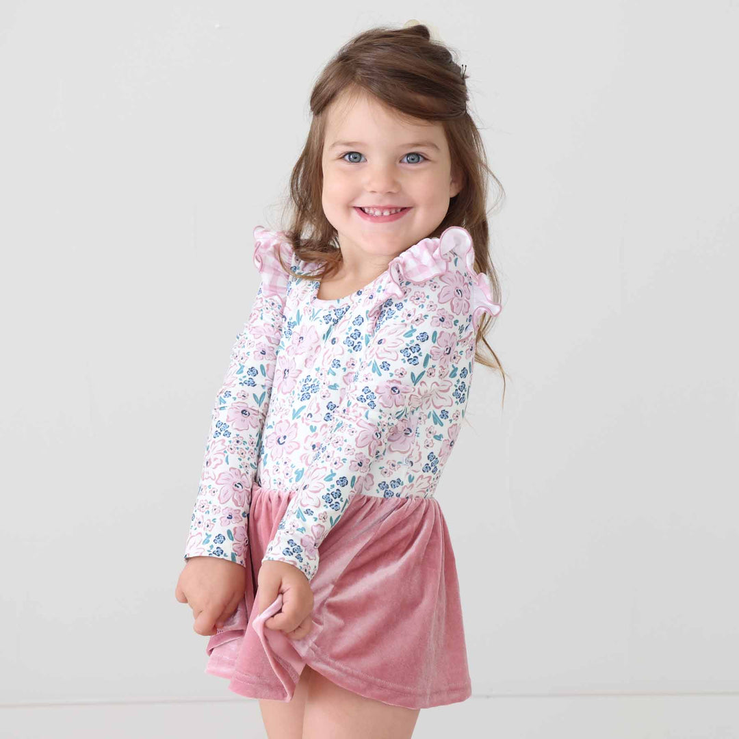 sketched floral leotard for girls with long sleeve and a velvet skirt 