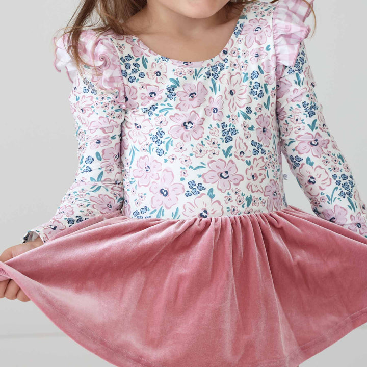 pink and teal fall floral leotard for girls with a dusty rose velvet skirt and pink gingham ruffle sleeve details 