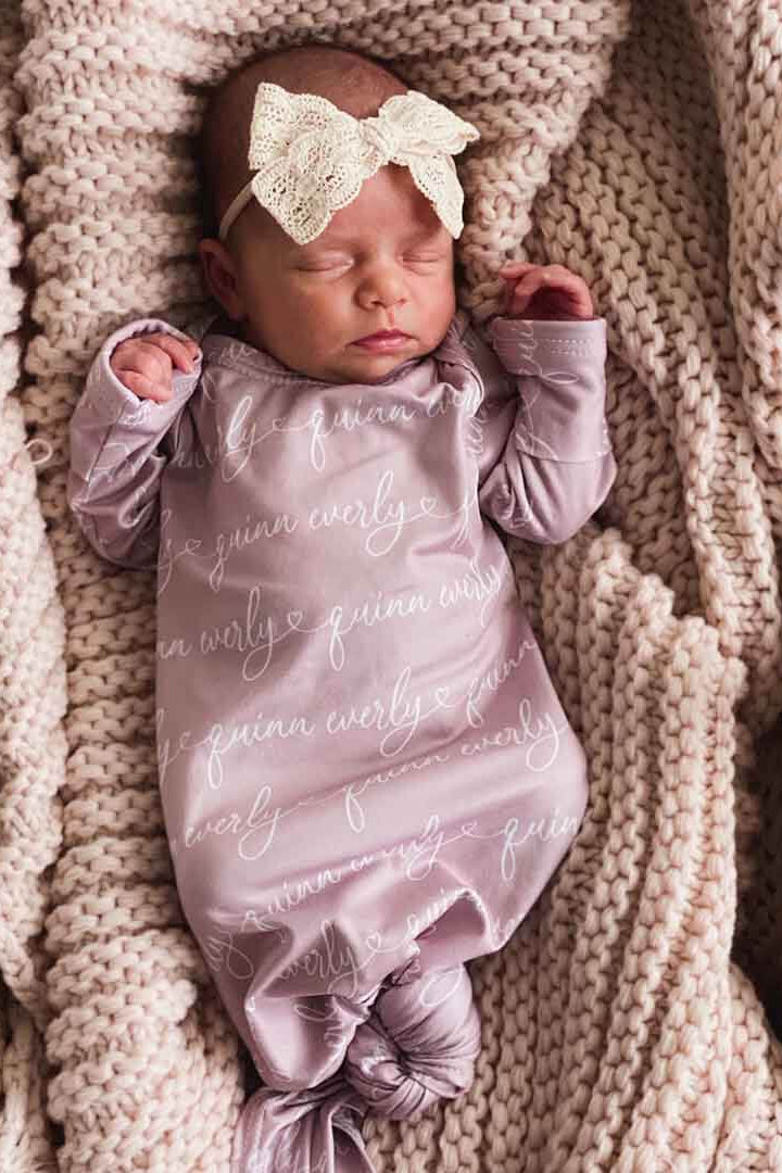 Personalized Newborn Baby Knot Gown | Solid Mauve Heart