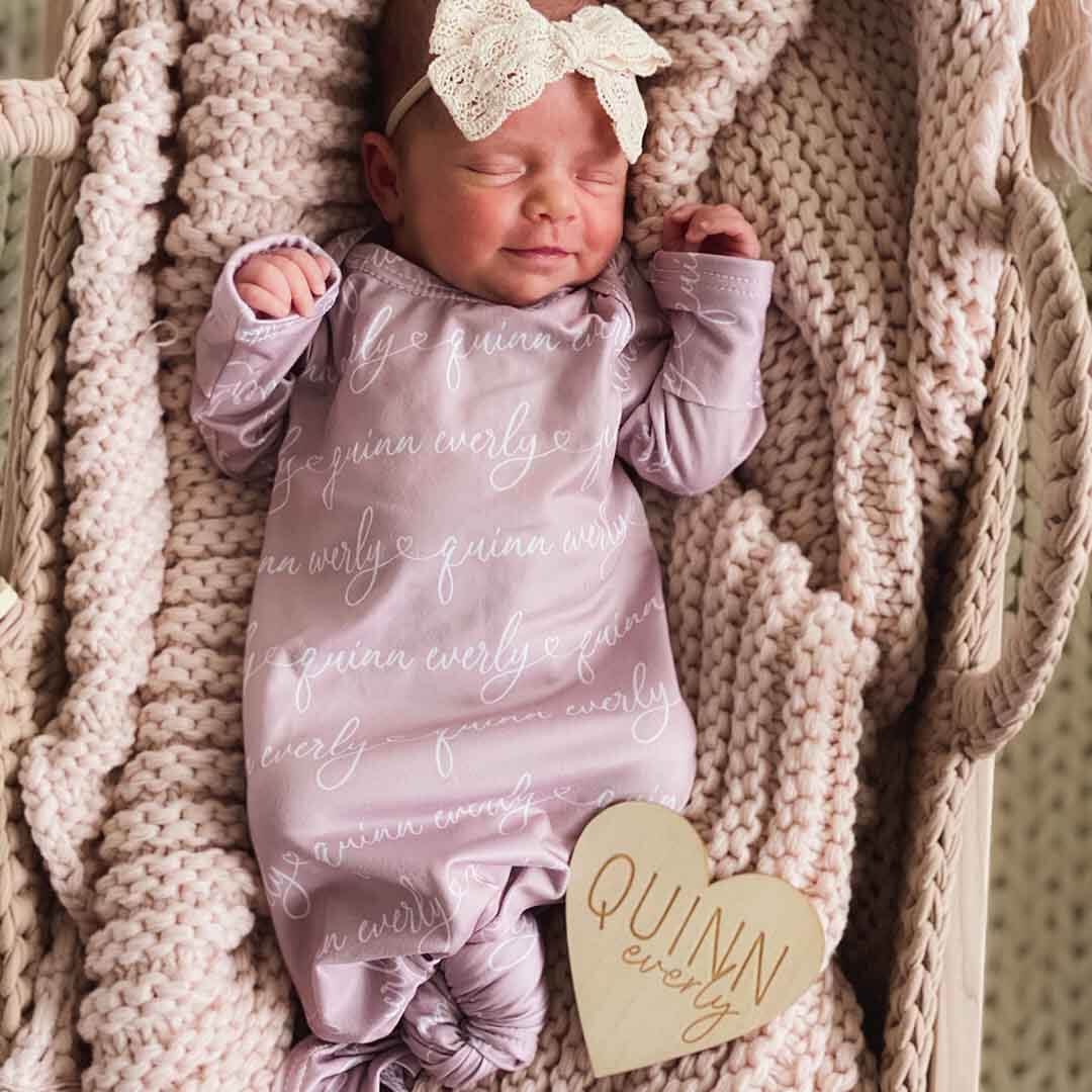 Solid Mauve Heart Personalized Newborn Baby Knot Gown - Script