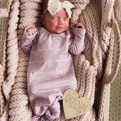 mauve heart personalized newborn baby knot gown heart script 