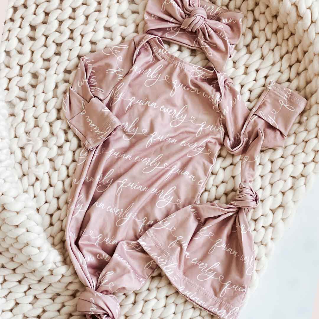 Solid Mauve Heart Personalized Newborn Baby Knot Gown - Script