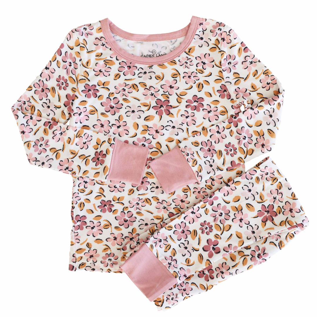 mauve and blush floral with mustard leaves long sleeve pajama set for kids 