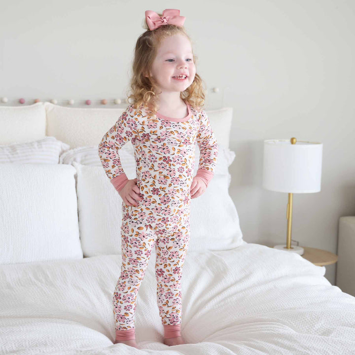 pink and purple floral two piece pajama set for kids 