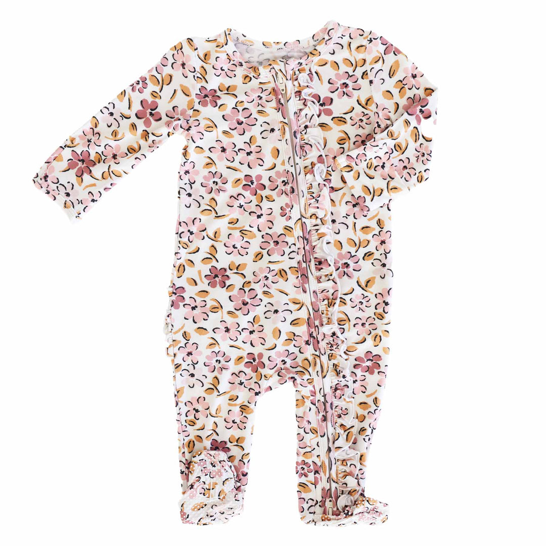 mauvelous meadow baby zipper footie ruffled