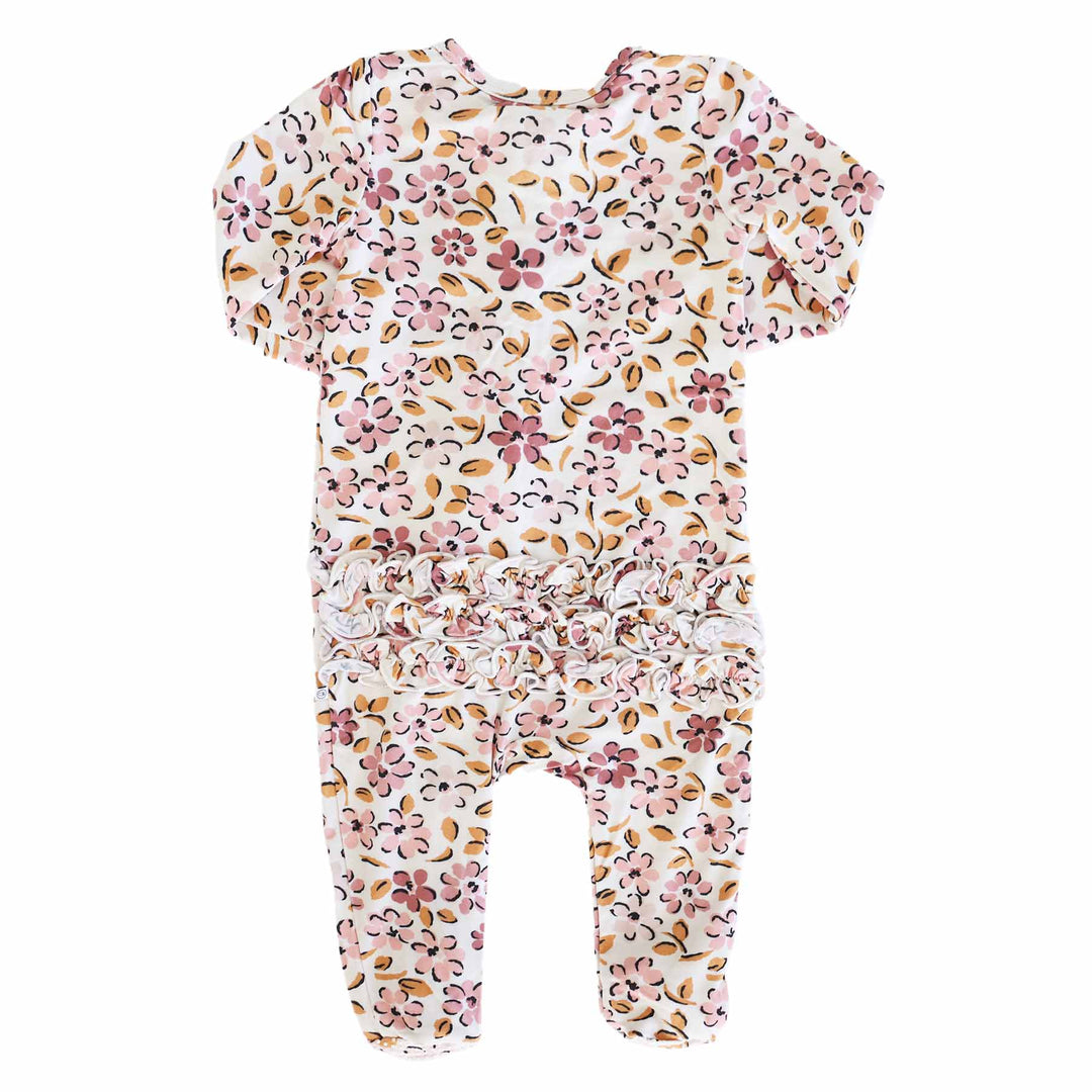 mauvelous meadow baby zipper footie mauve and blush floral