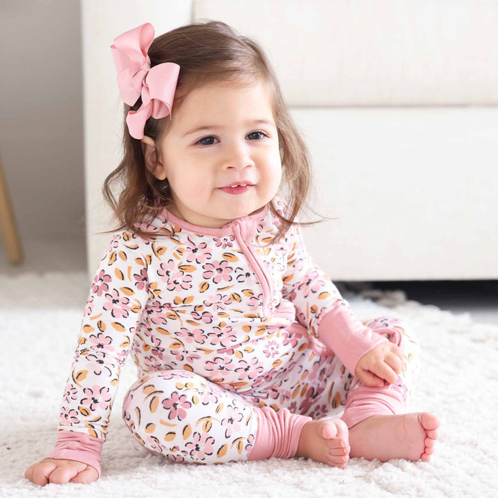 toddler romper pajama with mauve and blush floral 