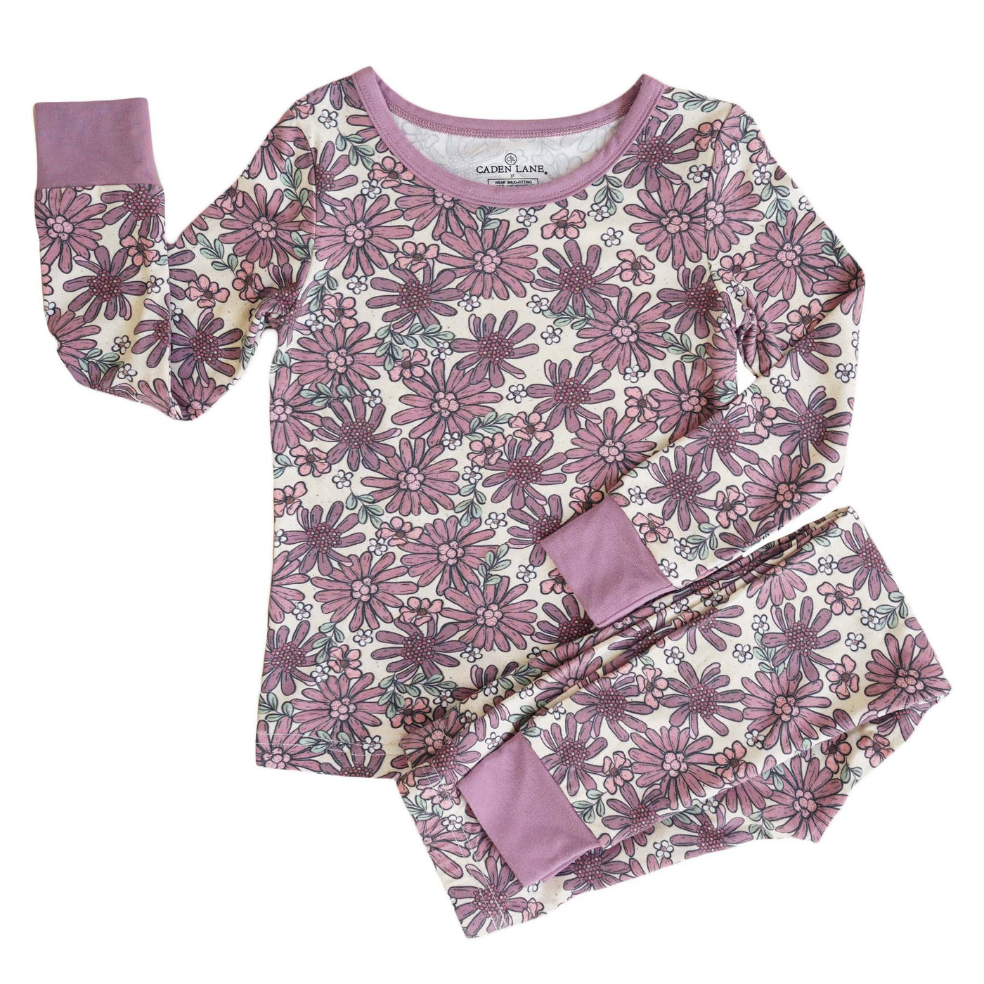two piece pajama set for kids with purple flowers 