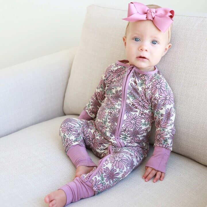 baby pajamas will full length zipper purple floral 