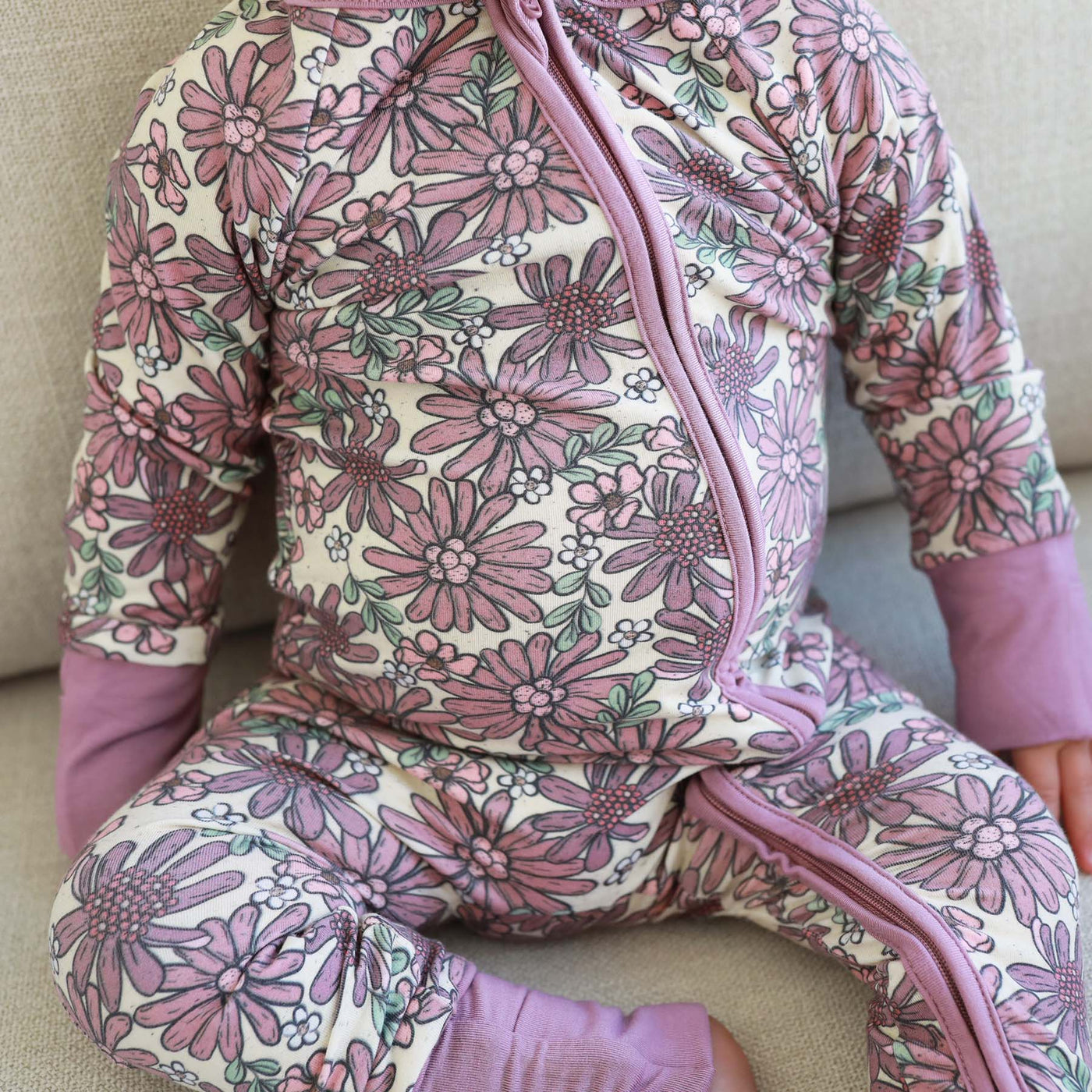 purple floral pajama romper for kids and babies 