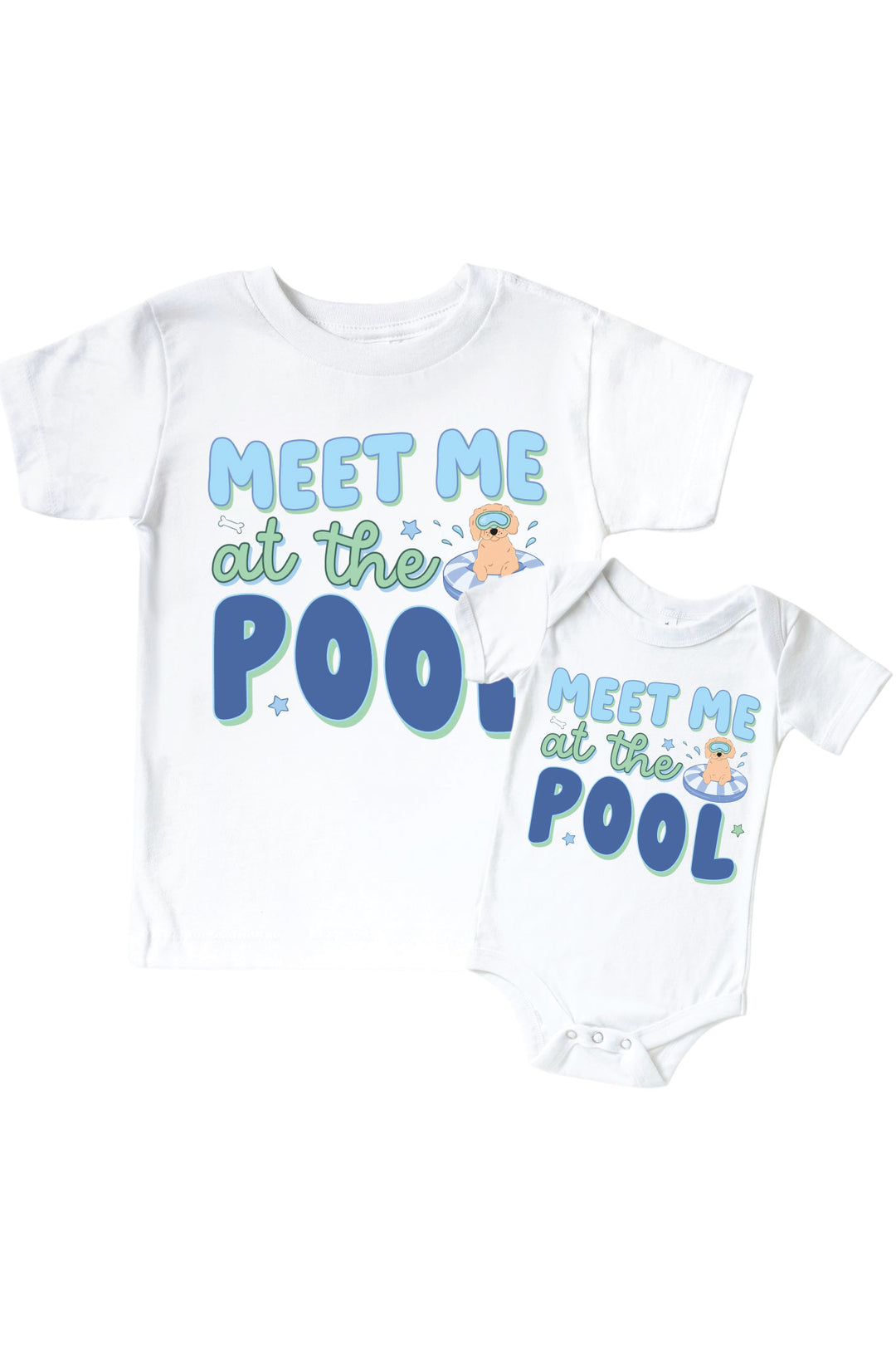 blue poolside pups graphic tee and bodysuit set
