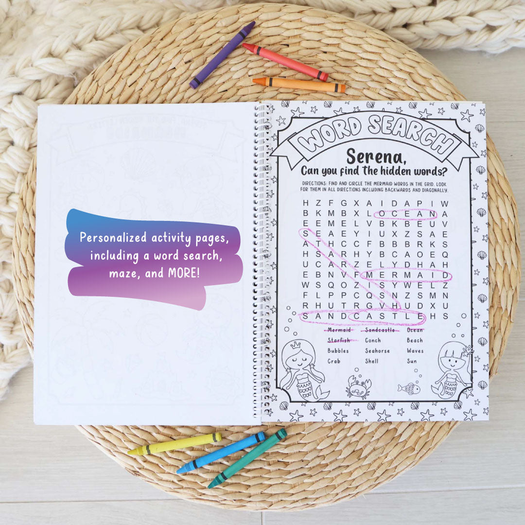 mermaid personalized coloring book for kids with word search 