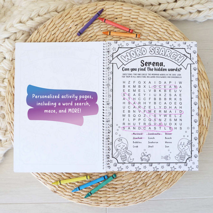 mermaid personalized coloring book for kids with word search 