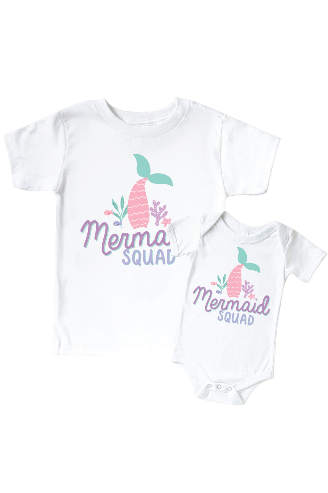 mermaid squad graphic bodysuit and kids tee in white with mermaid summer print