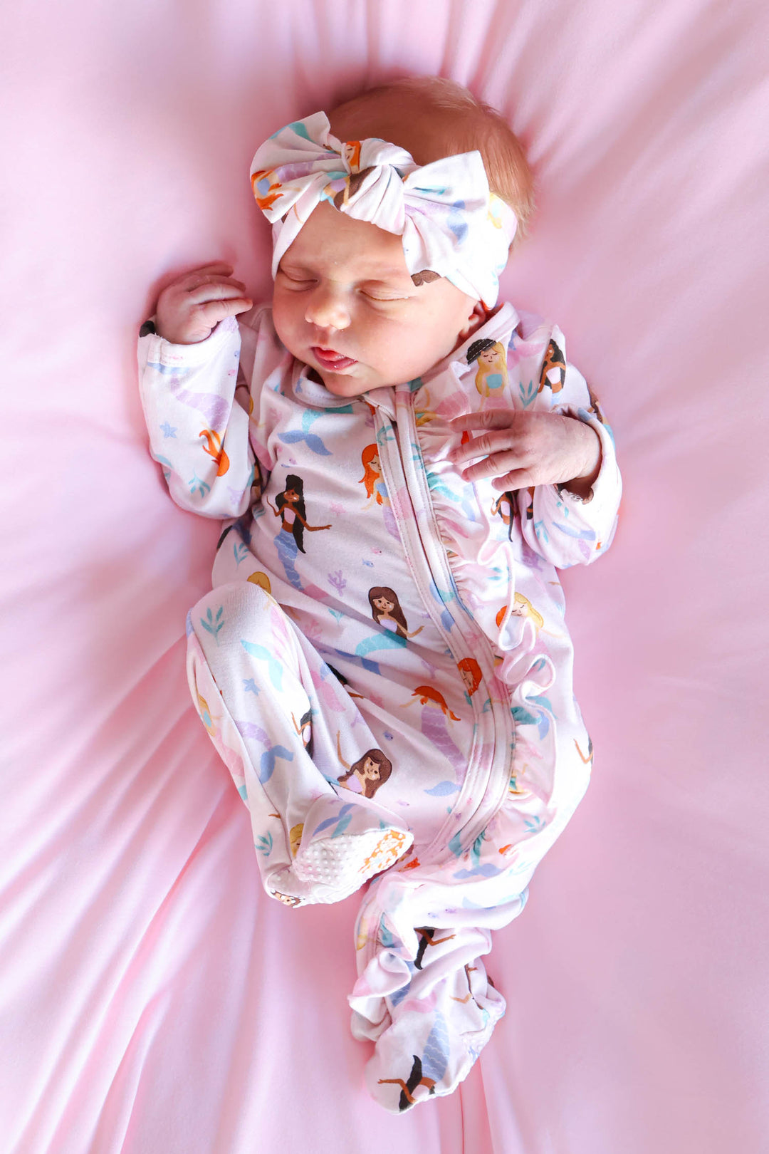 baby girl wearing let's be mermaids knit bow headwrap, lifestyle