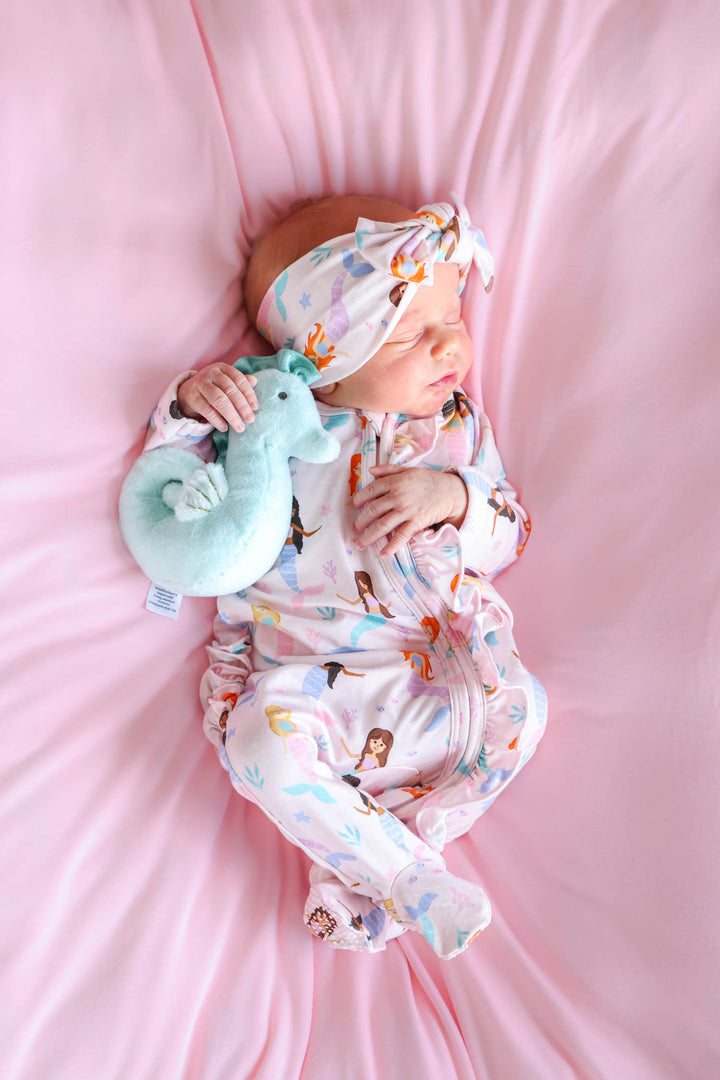 baby with let's be mermaids knit bow headwrap, summer photo